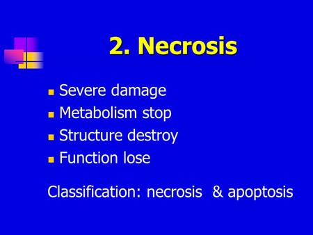 2. Necrosis Severe damage Metabolism stop Structure destroy Function lose Classification: necrosis & apoptosis.