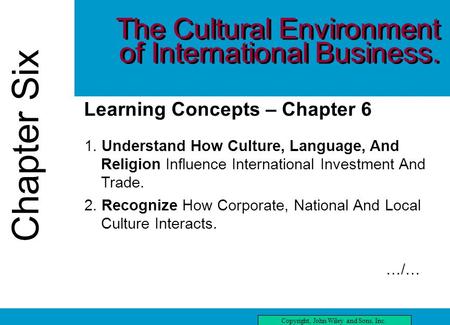 Chapter Six Copyright, John Wiley and Sons, Inc. Chapter Six three Learning Concepts – Chapter 6 1. Understand How Culture, Language, And Religion Influence.