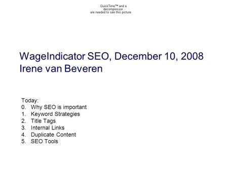 WageIndicator SEO, December 10, 2008 Irene van Beveren Today: 0.Why SEO is important 1.Keyword Strategies 2.Title Tags 3.Internal Links 4.Duplicate Content.