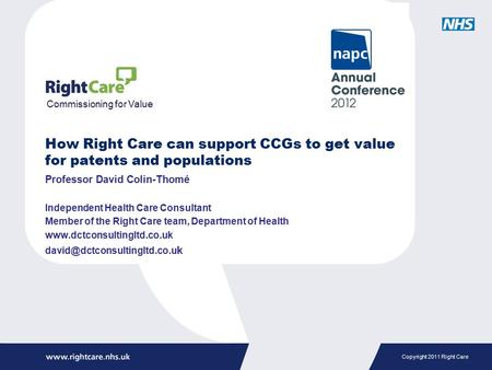 Copyright 2011 Right Care How Right Care can support CCGs to get value for patents and populations Professor David Colin-Thomé Independent Health Care.