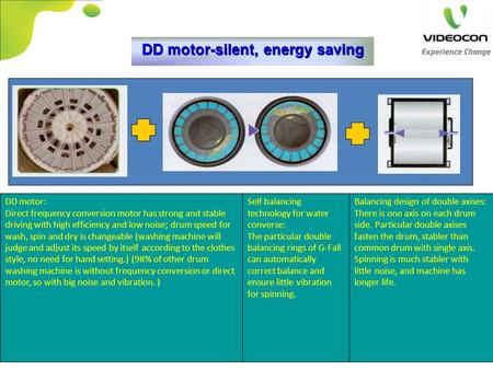 DD motor-silent, energy saving DD motor: Direct frequency conversion motor has strong and stable driving with high efficiency and low noise; drum speed.