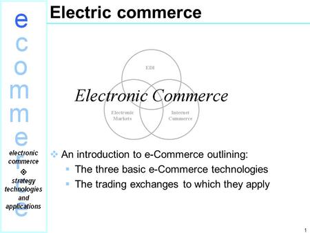 1 Electric commerce  An introduction to e-Commerce outlining:  The three basic e-Commerce technologies  The trading exchanges to which they apply.