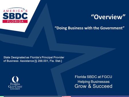 “Overview” Florida SBDC at FGCU Helping Businesses Grow & Succeed “Doing Business with the Government” State Designated as Florida’s Principal Provider.