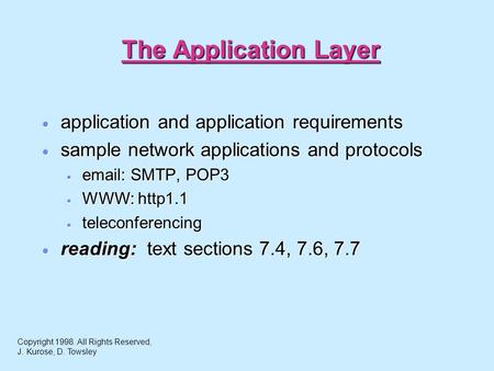 The Application Layer  application and application requirements  sample network applications and protocols    SMTP, POP3  WWW: http1.1  teleconferencing.