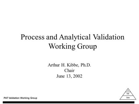 PAT Validation Working Group Process and Analytical Validation Working Group Arthur H. Kibbe, Ph.D. Chair June 13, 2002.