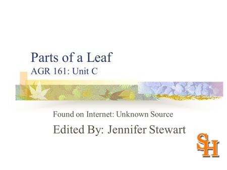 Parts of a Leaf AGR 161: Unit C Found on Internet: Unknown Source Edited By: Jennifer Stewart.