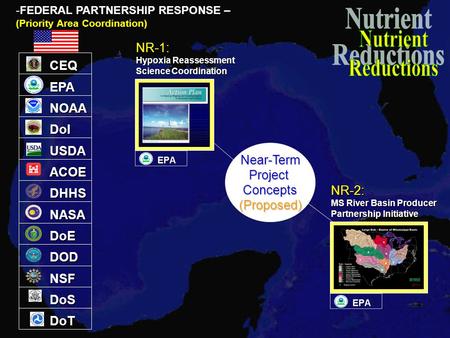 EPA NOAA DoI ACOE DHHS NASA DoE DOD NSF DoS -FEDERAL PARTNERSHIP RESPONSE – (Priority Area Coordination) CEQ USDA DoT Near-TermProjectConcepts(Proposed)