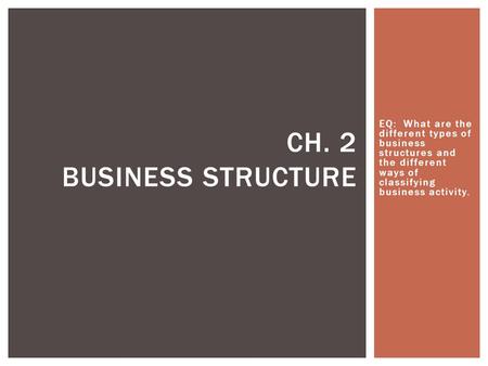 Ch. 2 Business Structure EQ: What are the different types of business structures and the different ways of classifying business activity.