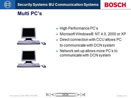 Security Systems BU Communication SystemsDCN ST/SEU-CO 1 DCN MPCC PO MPC 08.12.2004 Multi PC’s  High Performance PC’s  Microsoft Windows® NT 4.0, 2000.