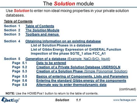 Www.factsage.com Solution Table of Contents Table of Contents Table of Contents Section 1Table of ContentsTable of Contents Solution Module Solution Module.