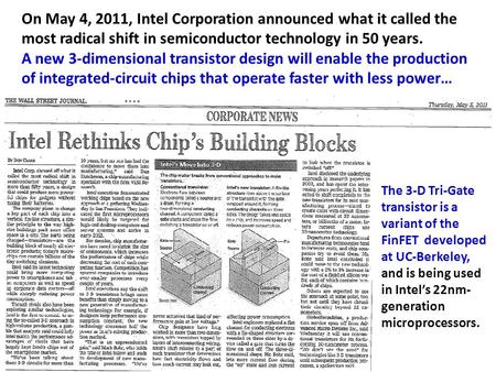 On May 4, 2011, Intel Corporation announced what it called the most radical shift in semiconductor technology in 50 years. A new 3-dimensional transistor.