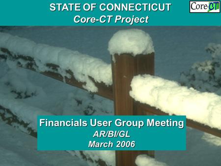 Financials User Group Meeting BI/AR/GL November 2005 STATE OF CONNECTICUT Core-CT Project Financials User Group Meeting AR/BI/GL March 2006.
