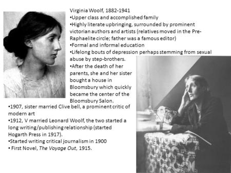 Virginia Woolf, 1882-1941 Upper class and accomplished family Highly literate upbringing, surrounded by prominent victorian authors and artists (relatives.