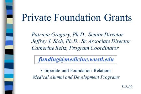 Private Foundation Grants 5-2-02 Patricia Gregory, Ph.D., Senior Director Jeffrey J. Sich, Ph.D., Sr. Associate Director Catherine Reitz, Program Coordinator.