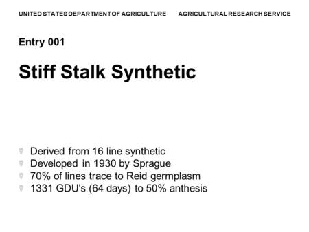 UNITED STATES DEPARTMENT OF AGRICULTURE AGRICULTURAL RESEARCH SERVICE Entry 001 Stiff Stalk Synthetic Derived from 16 line synthetic Developed in 1930.