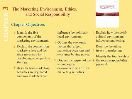 Chapter Objectives The Marketing Environment, Ethics, and Social Responsibility CHAPTER 3 1 2 3 4 6 7 8 Identify the five components of the marketing environment.