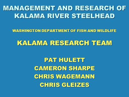 MANAGEMENT AND RESEARCH OF KALAMA RIVER STEELHEAD WASHINGTON DEPARTMENT OF FISH AND WILDLIFE KALAMA RESEARCH TEAM PAT HULETT CAMERON SHARPE CHRIS WAGEMANN.