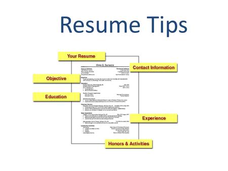 Resume Tips. Hot Zones of the Resume First three quarters of the first page. name and contact information Objectives/ professional summary A list of selected.