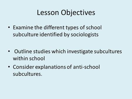 Lesson Objectives Examine the different types of school subculture identified by sociologists Outline studies which investigate subcultures within school.