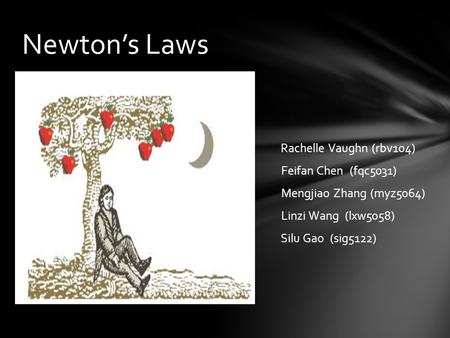 Rachelle Vaughn (rbv104) Feifan Chen (fqc5031) Mengjiao Zhang (myz5064) Linzi Wang (lxw5058) Silu Gao (sig5122) Newton’s Laws.