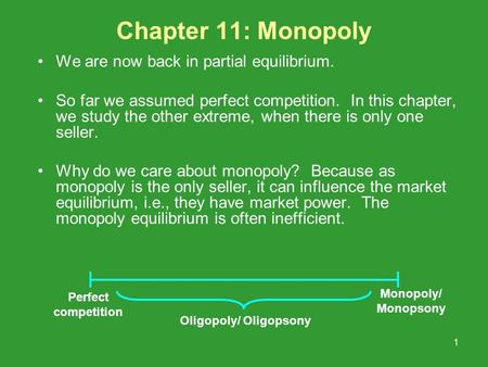 1 Chapter 11: Monopoly We are now back in partial equilibrium. So far we assumed perfect competition. In this chapter, we study the other extreme, when.