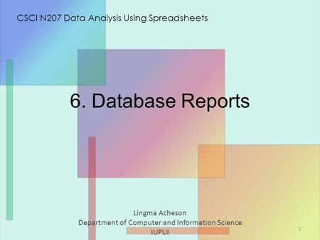 6. Database Reports Lingma Acheson Department of Computer and Information Science IUPUI CSCI N207 Data Analysis Using Spreadsheets 1.