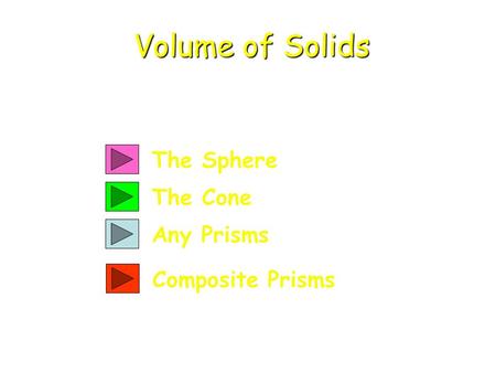 The Sphere The Cone Any Prisms Volume of Solids Composite Prisms.