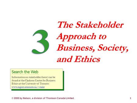 © 2005 by Nelson, a division of Thomson Canada Limited. 1 The Stakeholder Approach to Business, Society, and Ethics Search the Web Information on stakeholder.