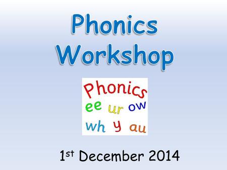 1 st December 2014. Today we are going to learn… What is phonics? How we teach phonics in school Pronunciation of sounds The terminology of phonics Different.