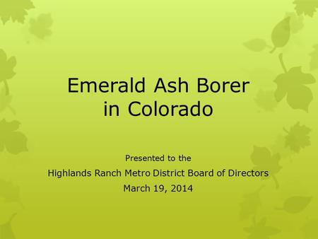 Emerald Ash Borer in Colorado Presented to the Highlands Ranch Metro District Board of Directors March 19, 2014.