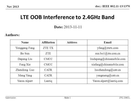Doc.: IEEE 802.11-13/1370 Nov 2013 SubmissionZTE, CMCC, LTE OOB Interference to 2.4GHz Band Date: 2013-11-11 Slide 1 Authors: NameAffiliationAddressEmail.