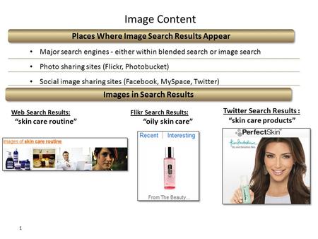 1 Image Content Major search engines - either within blended search or image search Photo sharing sites (Flickr, Photobucket) Social image sharing sites.