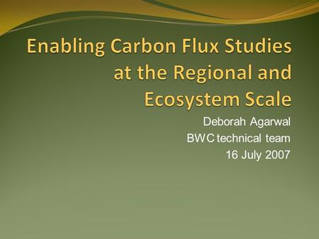Deborah Agarwal BWC technical team 16 July 2007. 1.Applications of eddy covariance measurements, Part 1: Lecture on Analyzing and Interpreting CO2 Flux.