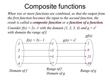 Composite functions When two or more functions are combined, so that the output from the first function becomes the input to the second function, the result.