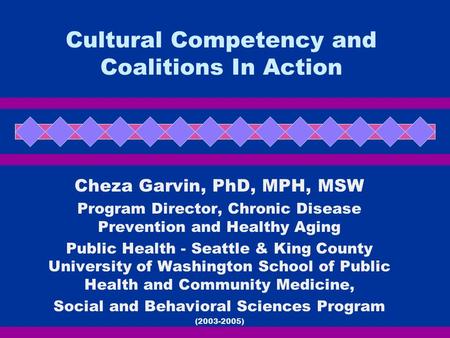 Cultural Competency and Coalitions In Action Cheza Garvin, PhD, MPH, MSW Program Director, Chronic Disease Prevention and Healthy Aging Public Health -