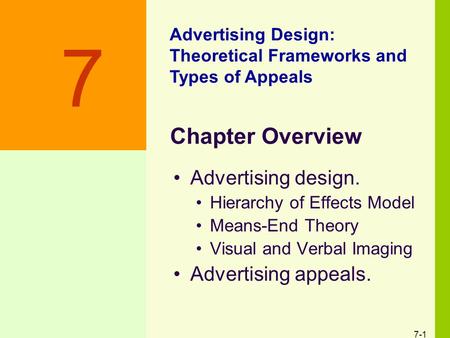 7-1 Chapter Overview Advertising design. Hierarchy of Effects Model Means-End Theory Visual and Verbal Imaging Advertising appeals. Advertising Design: