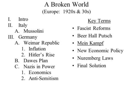 A Broken World (Europe: 1920s & 30s) I.Intro II.Italy A.Mussolini III.Germany A.Weimar Republic 1.Inflation 2.Hitler’s Rise B.Dawes Plan C.Nazis in Power.