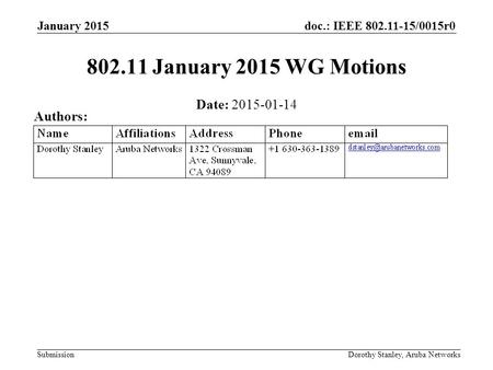 Doc.: IEEE 802.11-15/0015r0 Submission January 2015 802.11 January 2015 WG Motions Date: 2015-01-14 Authors: Dorothy Stanley, Aruba Networks.