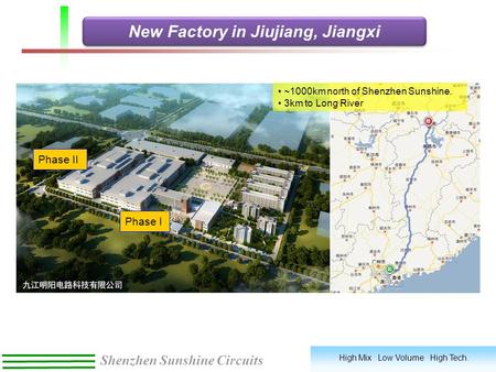 High Mix Low Volume High Tech. Shenzhen Sunshine Circuits Phase I Phase II ~1000km north of Shenzhen Sunshine. 3km to Long River New Factory in Jiujiang,