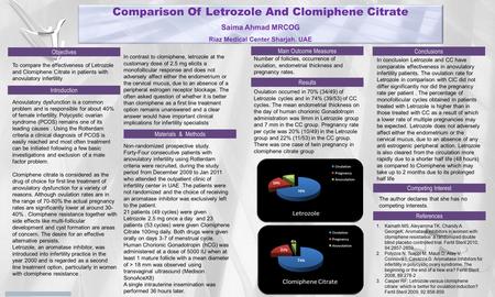 Comparison Of Letrozole And Clomiphene Citrate Saima Ahmad MRCOG Riaz Medical Center Sharjah. UAE Objectives Conclusions Competing Interest References.