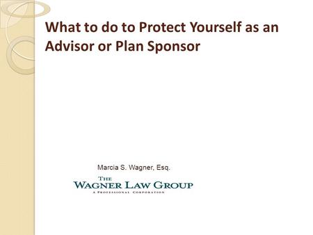 What to do to Protect Yourself as an Advisor or Plan Sponsor Marcia S. Wagner, Esq.