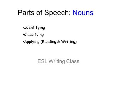 Parts of Speech: Nouns ESL Writing Class Identifying Classifying Applying (Reading & Writing)