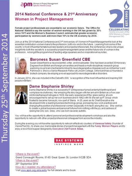 Thursday 25 th September 2014 2014 National Conference & 21 st Anniversary Women in Project Management Where is the event? Grand Connaught Rooms, 61-65.