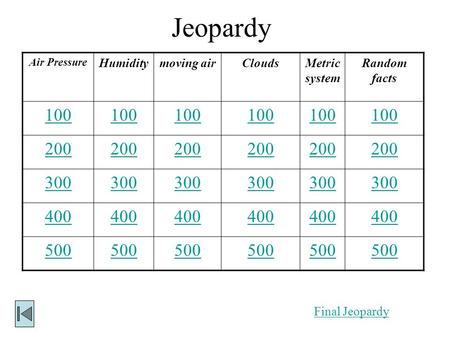 Jeopardy Air Pressure Humiditymoving airCloudsMetric system Random facts 100 200 300 400 500 Final Jeopardy.