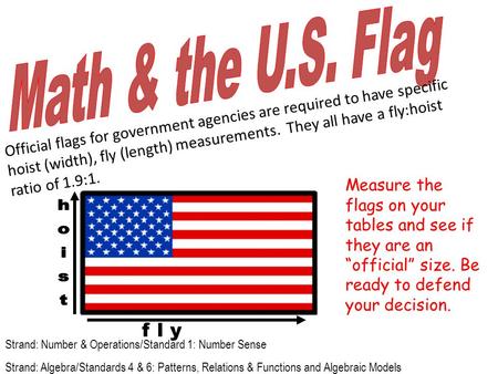 Official flags for government agencies are required to have specific hoist (width), fly (length) measurements. They all have a fly:hoist ratio of 1.9:1.