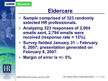 HR: Leading People, Leading Organizations © 2007 SHRM SHRM Weekly Online Survey: January 31, 2007 Eldercare Sample comprised of 323 randomly selected HR.