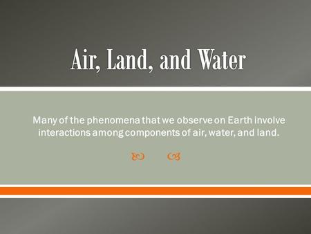  Many of the phenomena that we observe on Earth involve interactions among components of air, water, and land.