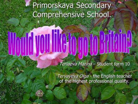 Primorskaya Secondary Comprehensive School. Teriaeva Marina – Student form 10 Teryayeva Olga - the English teacher of the highest professional quality.