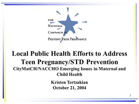1 Local Public Health Efforts to Address Teen Pregnancy/STD Prevention CityMatCH/NACCHO Emerging Issues in Maternal and Child Health Kristen Tertzakian.