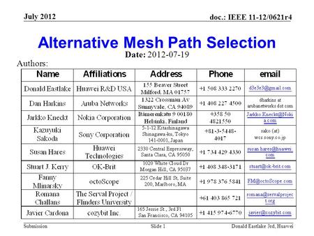 Submission doc.: IEEE 11-12/0621r4 July 2012 Donald Eastlake 3rd, HuaweiSlide 1 Alternative Mesh Path Selection Date: 2012-07-19 Authors:
